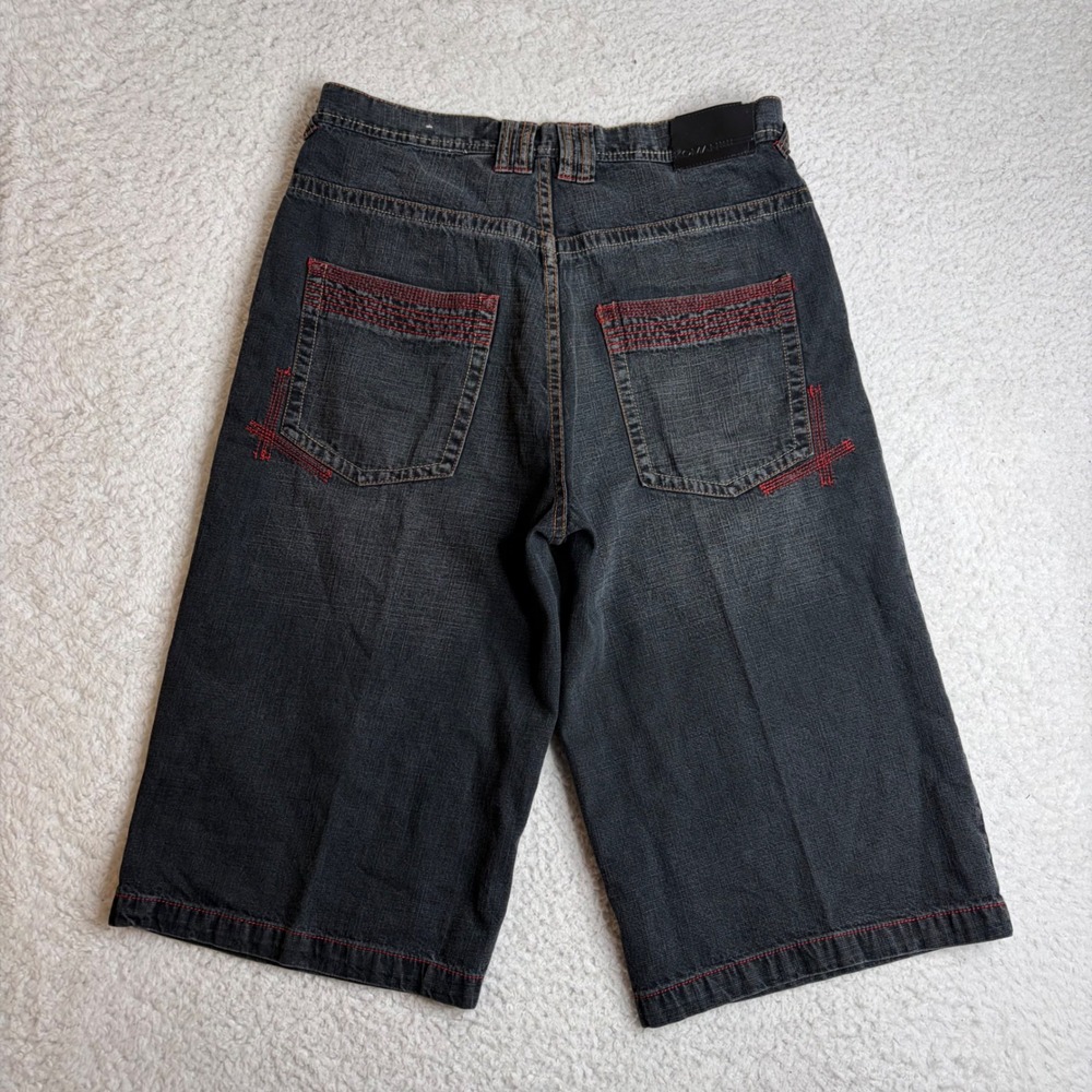 Koman Jeans Mens 34 Y2K Baggy hiphop Shorts Black Red loose extra baggy 90s